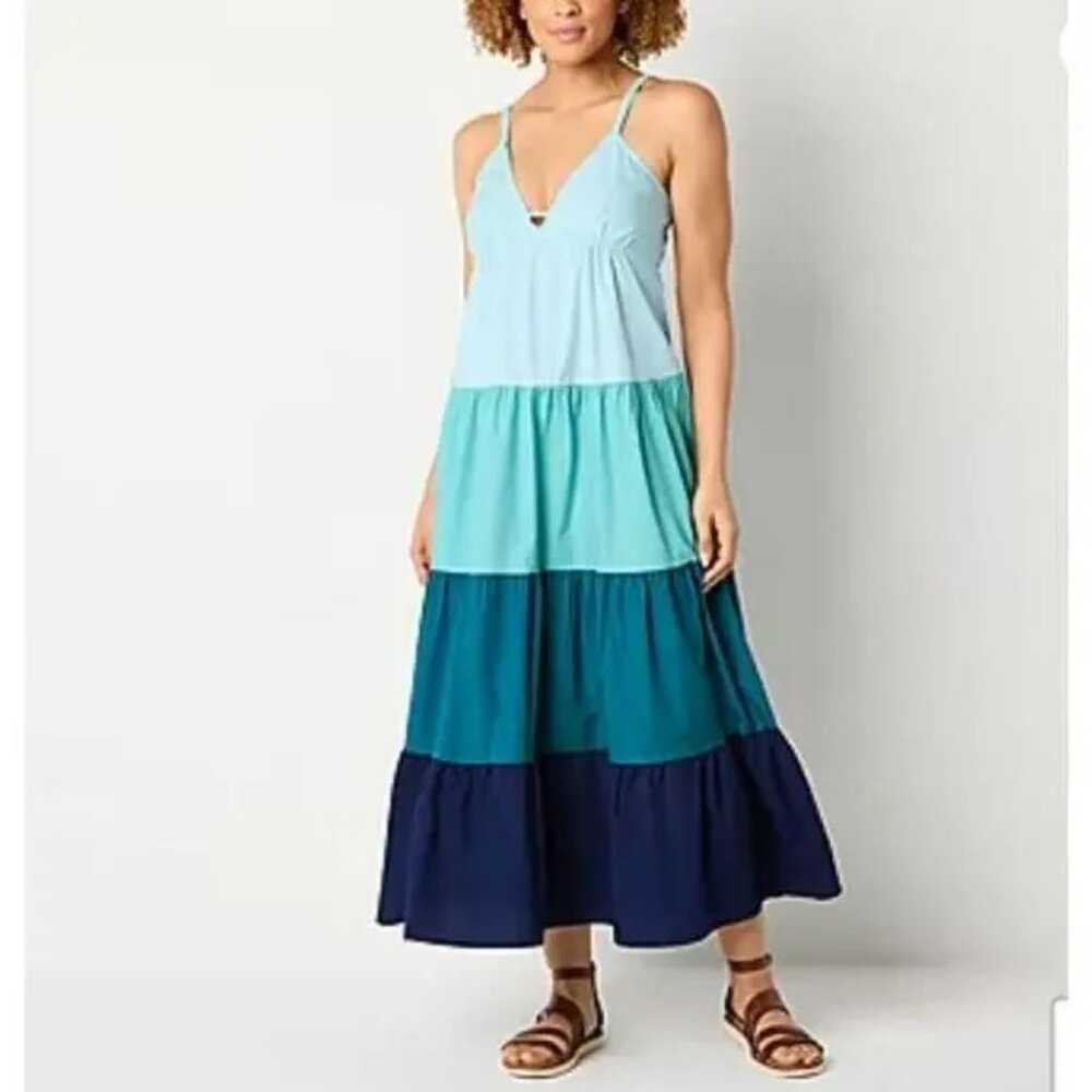 A.N.A Blue Teal Cotton Maxi Sundress Vacation Resort Boho Cover-Up Size Large